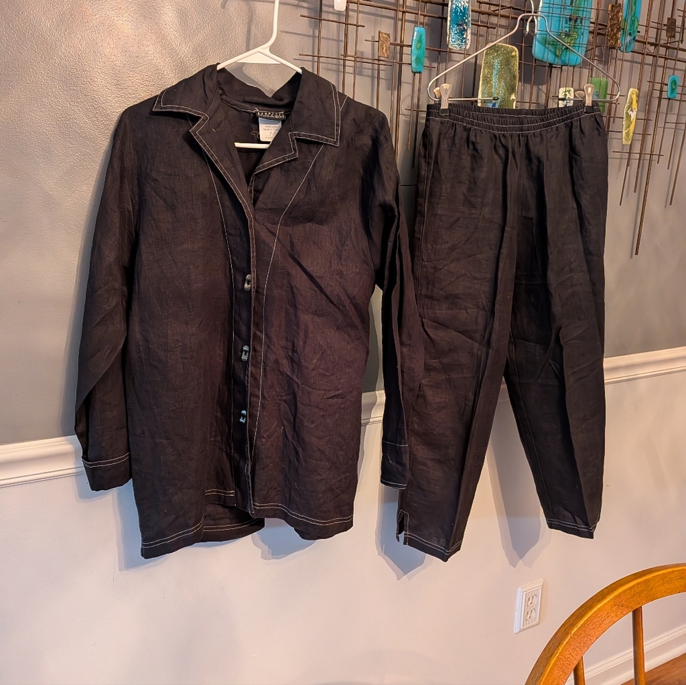 Vintage Nanette Keller Black Linen Jacket / pants outfit s/p